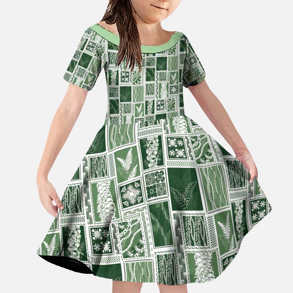 Vintage Aloha Block Quilt Family Matching Long Sleeve Bodycon Dress and Hawaiian Shirt Green Inspired Lei Motifs - Polynesian Pride