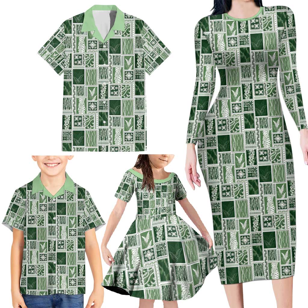 Vintage Aloha Block Quilt Family Matching Long Sleeve Bodycon Dress and Hawaiian Shirt Green Inspired Lei Motifs - Polynesian Pride