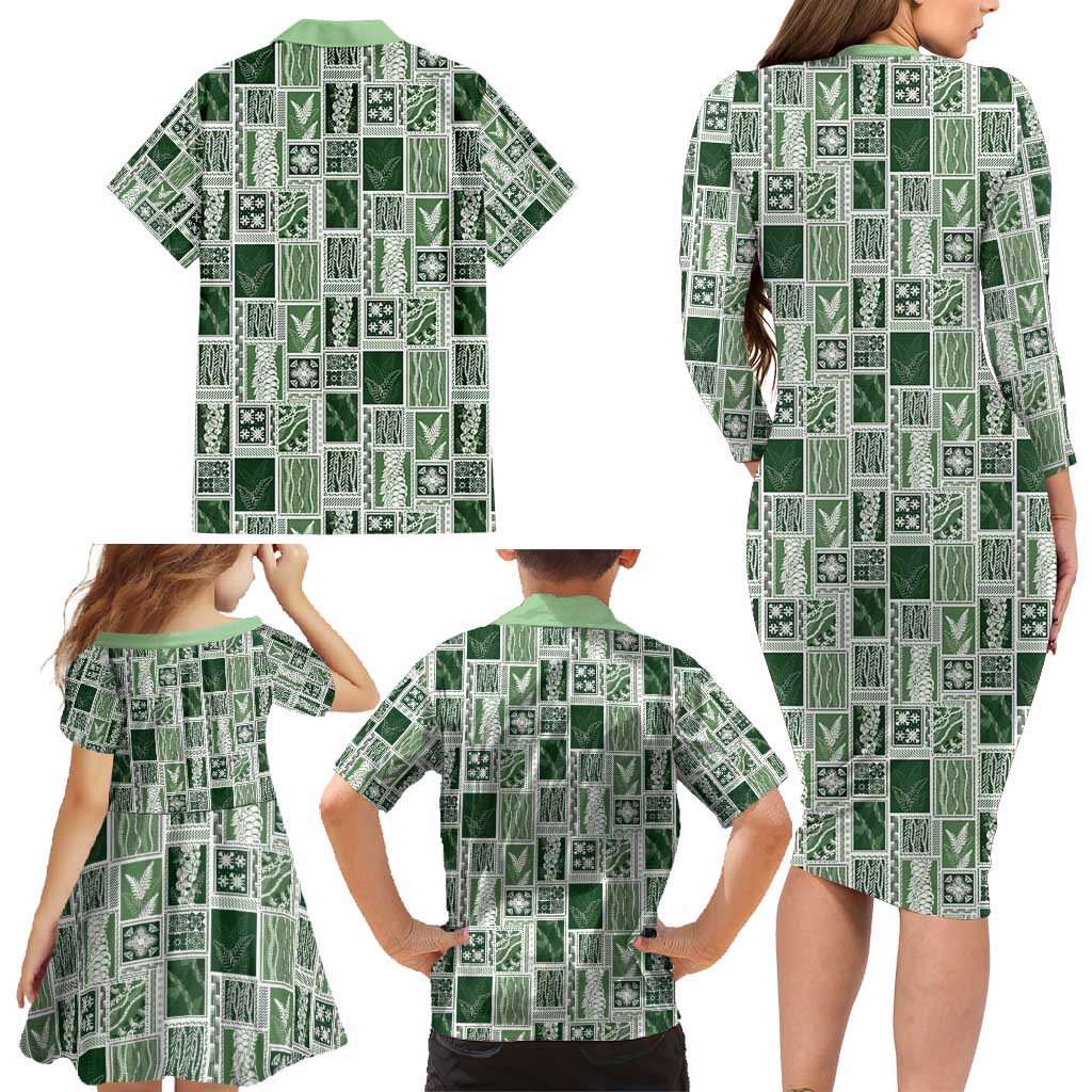 Vintage Aloha Block Quilt Family Matching Long Sleeve Bodycon Dress and Hawaiian Shirt Green Inspired Lei Motifs - Polynesian Pride