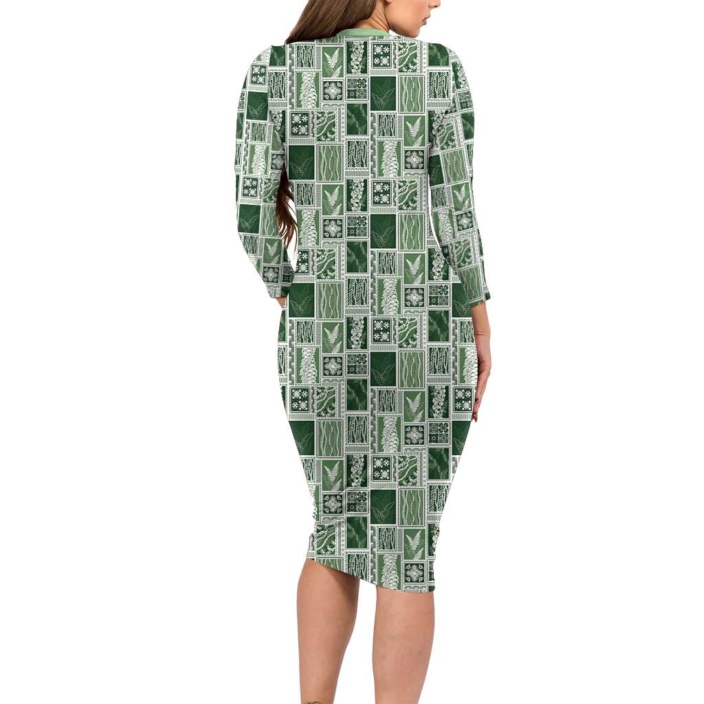 Vintage Aloha Block Quilt Family Matching Long Sleeve Bodycon Dress and Hawaiian Shirt Green Inspired Lei Motifs - Polynesian Pride