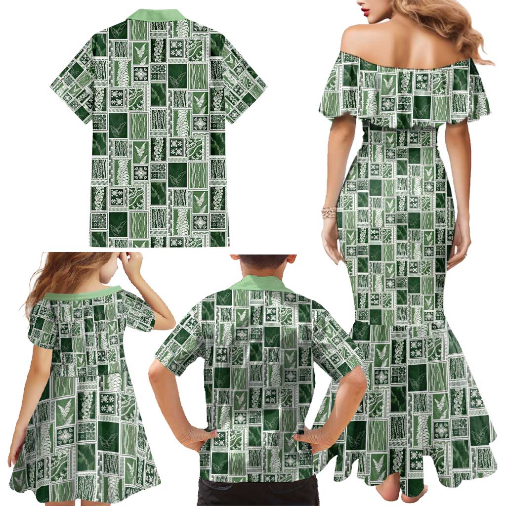 Vintage Aloha Block Quilt Family Matching Mermaid Dress and Hawaiian Shirt Green Inspired Lei Motifs - Polynesian Pride