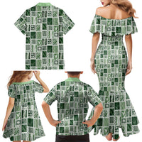 Vintage Aloha Block Quilt Family Matching Mermaid Dress and Hawaiian Shirt Green Inspired Lei Motifs - Polynesian Pride