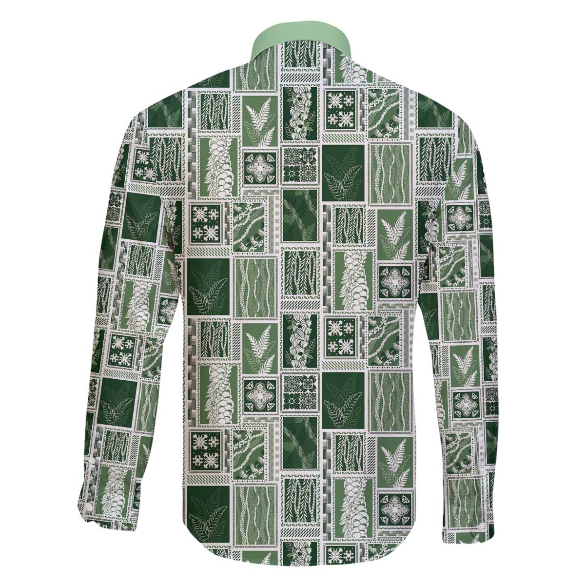 Vintage Aloha Block Quilt Family Matching Off The Shoulder Long Sleeve Dress and Hawaiian Shirt Green Inspired Lei Motifs - Polynesian Pride