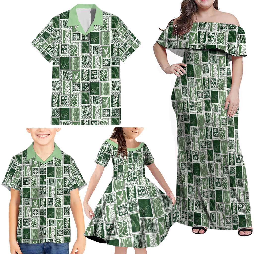 Vintage Aloha Block Quilt Family Matching Off Shoulder Maxi Dress and Hawaiian Shirt Green Inspired Lei Motifs - Polynesian Pride