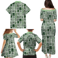 Vintage Aloha Block Quilt Family Matching Puletasi and Hawaiian Shirt Green Inspired Lei Motifs - Polynesian Pride