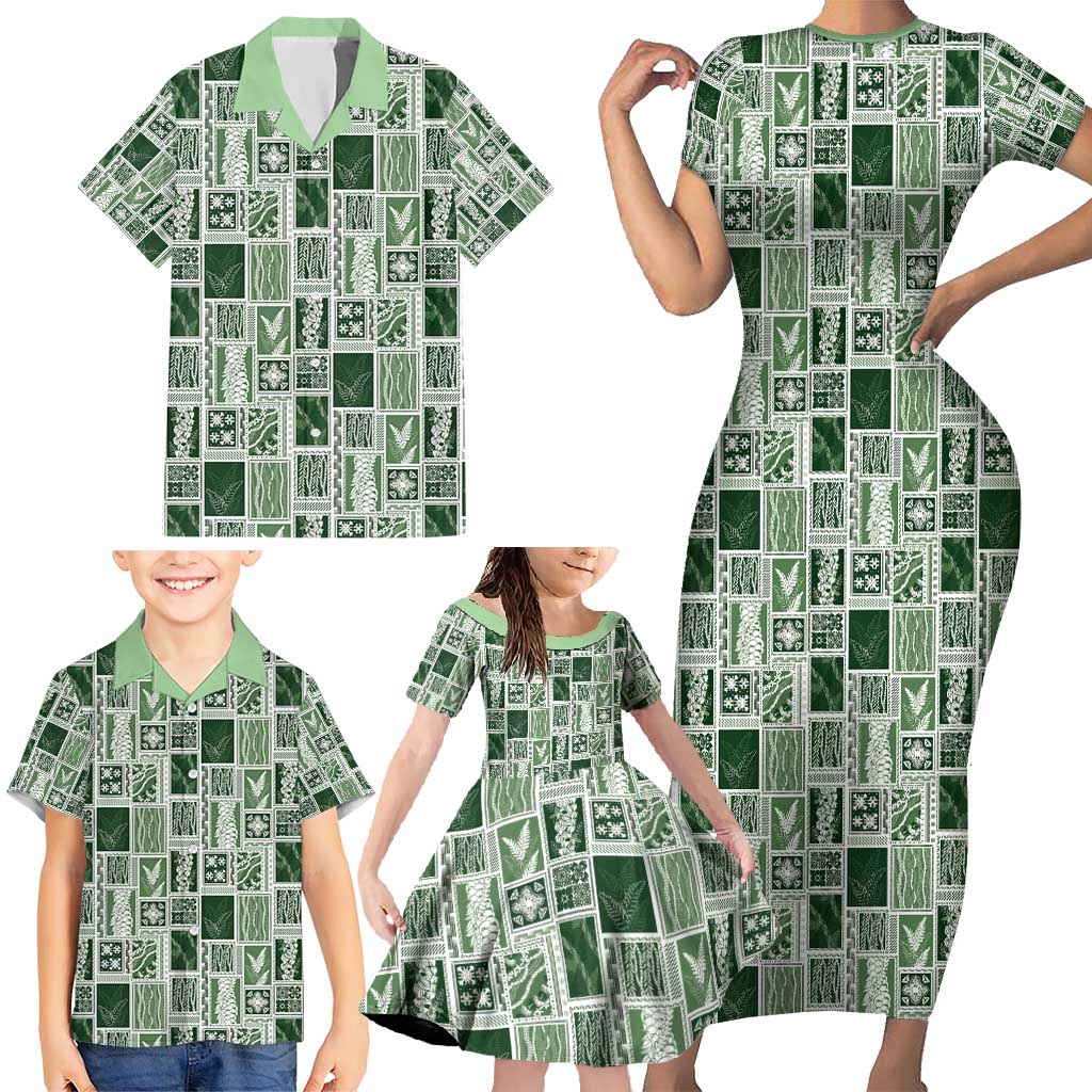 Vintage Aloha Block Quilt Family Matching Short Sleeve Bodycon Dress and Hawaiian Shirt Green Inspired Lei Motifs - Polynesian Pride