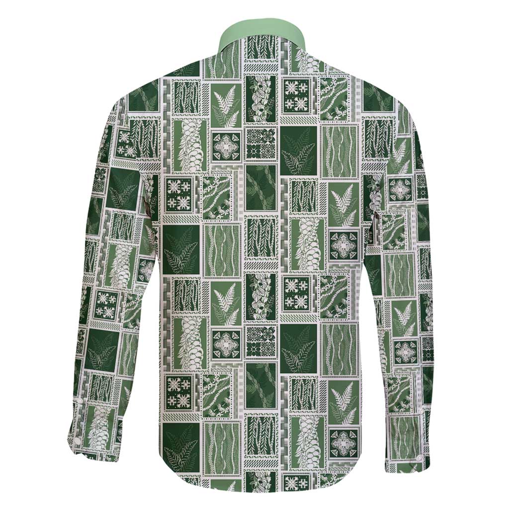 Vintage Aloha Block Quilt Family Matching Short Sleeve Bodycon Dress and Hawaiian Shirt Green Inspired Lei Motifs - Polynesian Pride