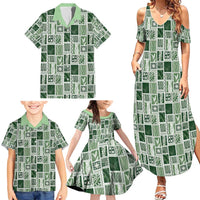 Vintage Aloha Block Quilt Family Matching Summer Maxi Dress and Hawaiian Shirt Green Inspired Lei Motifs - Polynesian Pride