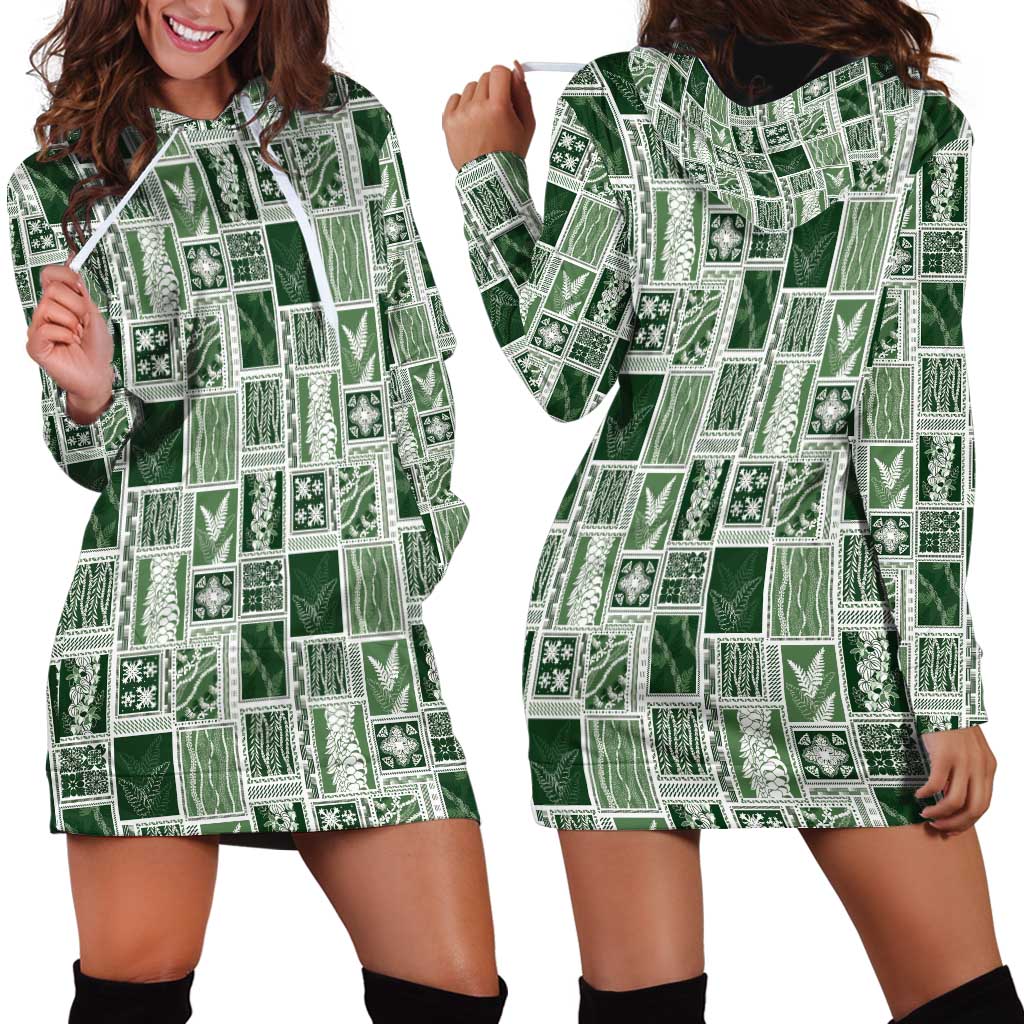 Vintage Aloha Block Quilt Hoodie Dress Green Inspired Lei Motifs - Polynesian Pride