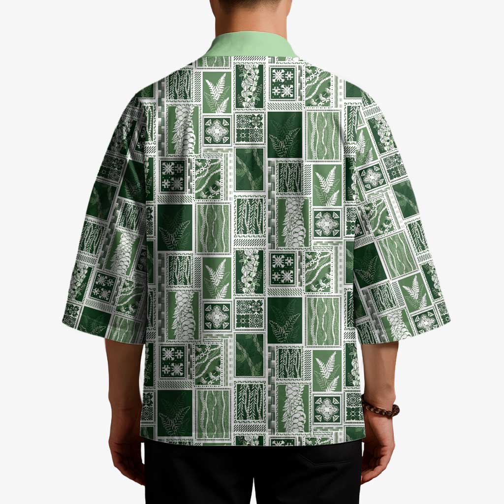 Vintage Aloha Block Quilt Kimono Green Inspired Lei Motifs - Polynesian Pride