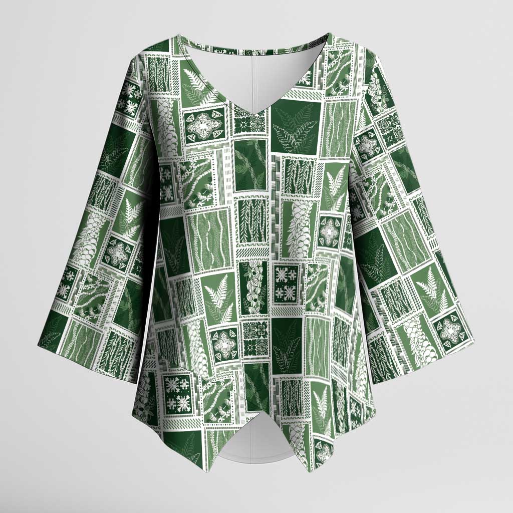 Vintage Aloha Block Quilt Kimono Sleeve Blouse Green Inspired Lei Motifs - Polynesian Pride