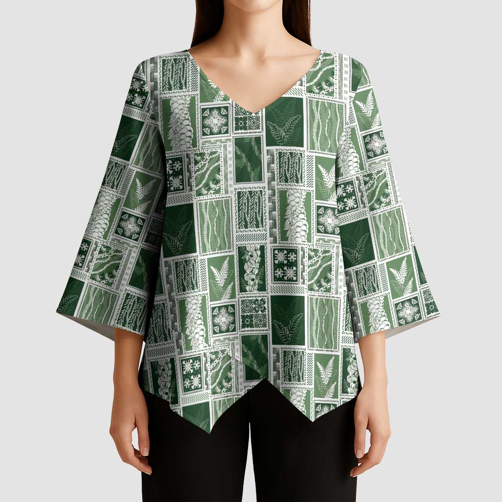 Vintage Aloha Block Quilt Kimono Sleeve Blouse Green Inspired Lei Motifs - Polynesian Pride