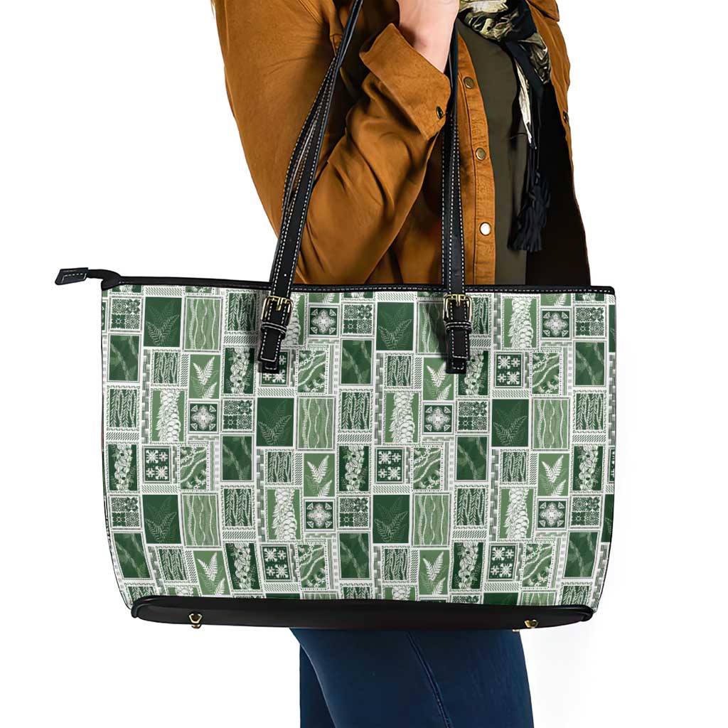 Vintage Aloha Block Quilt Leather Tote Bag Green Inspired Lei Motifs - Polynesian Pride