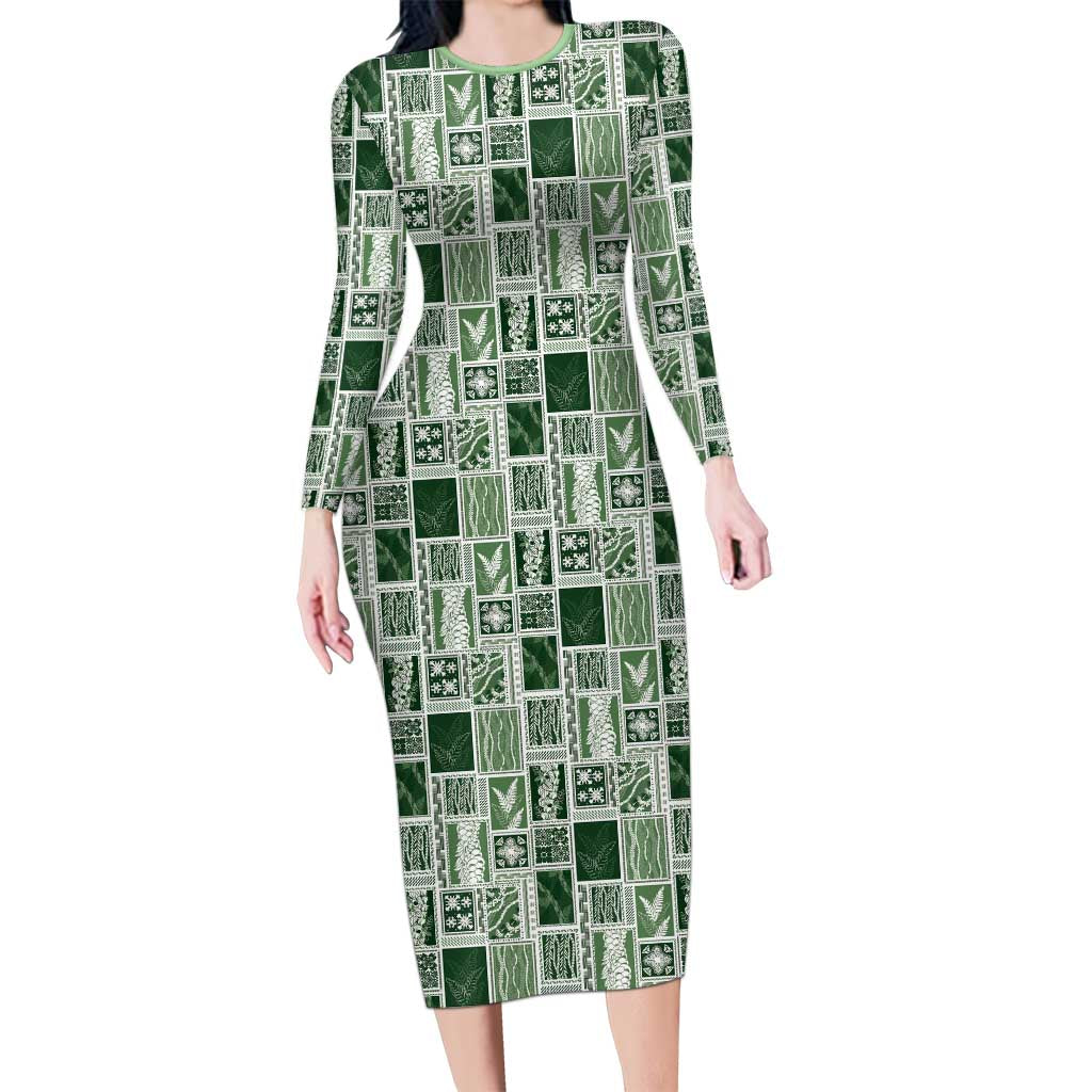 Vintage Aloha Block Quilt Long Sleeve Bodycon Dress Green Inspired Lei Motifs - Polynesian Pride