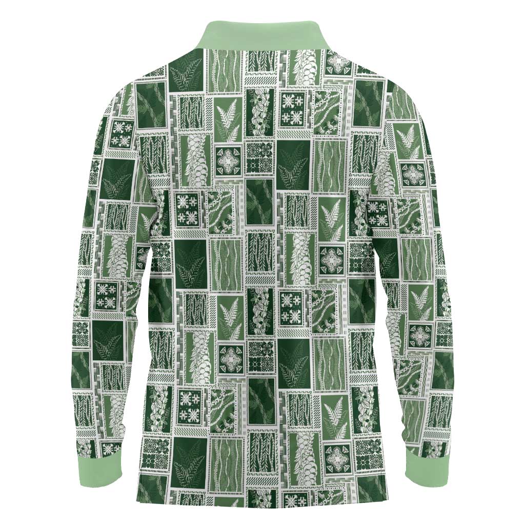 Vintage Aloha Block Quilt Long Sleeve Polo Shirt Green Inspired Lei Motifs - Polynesian Pride