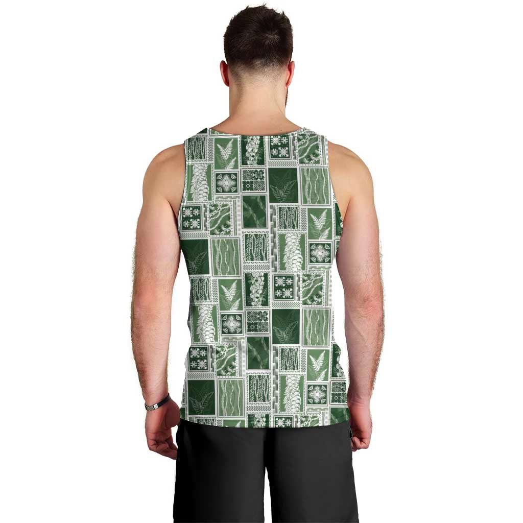 Vintage Aloha Block Quilt Men Tank Top Green Inspired Lei Motifs - Polynesian Pride