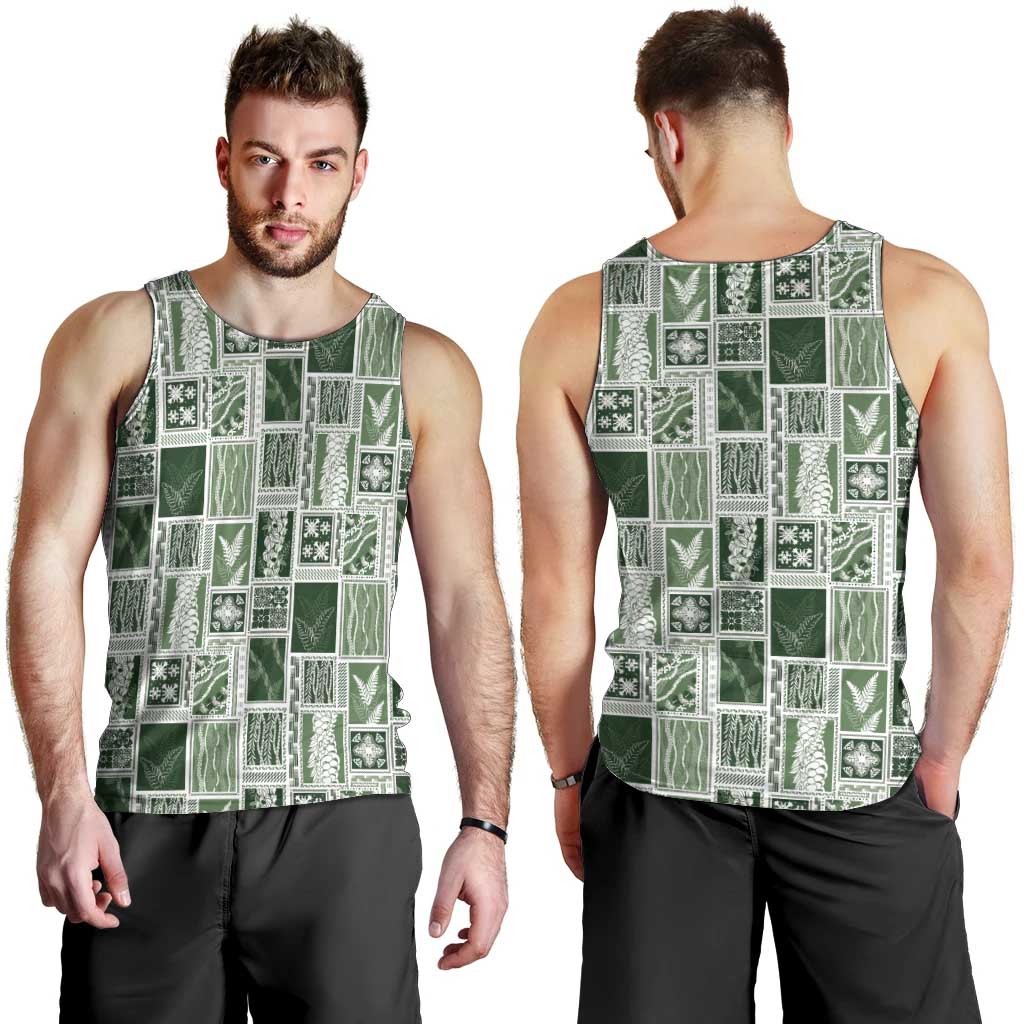 Vintage Aloha Block Quilt Men Tank Top Green Inspired Lei Motifs - Polynesian Pride