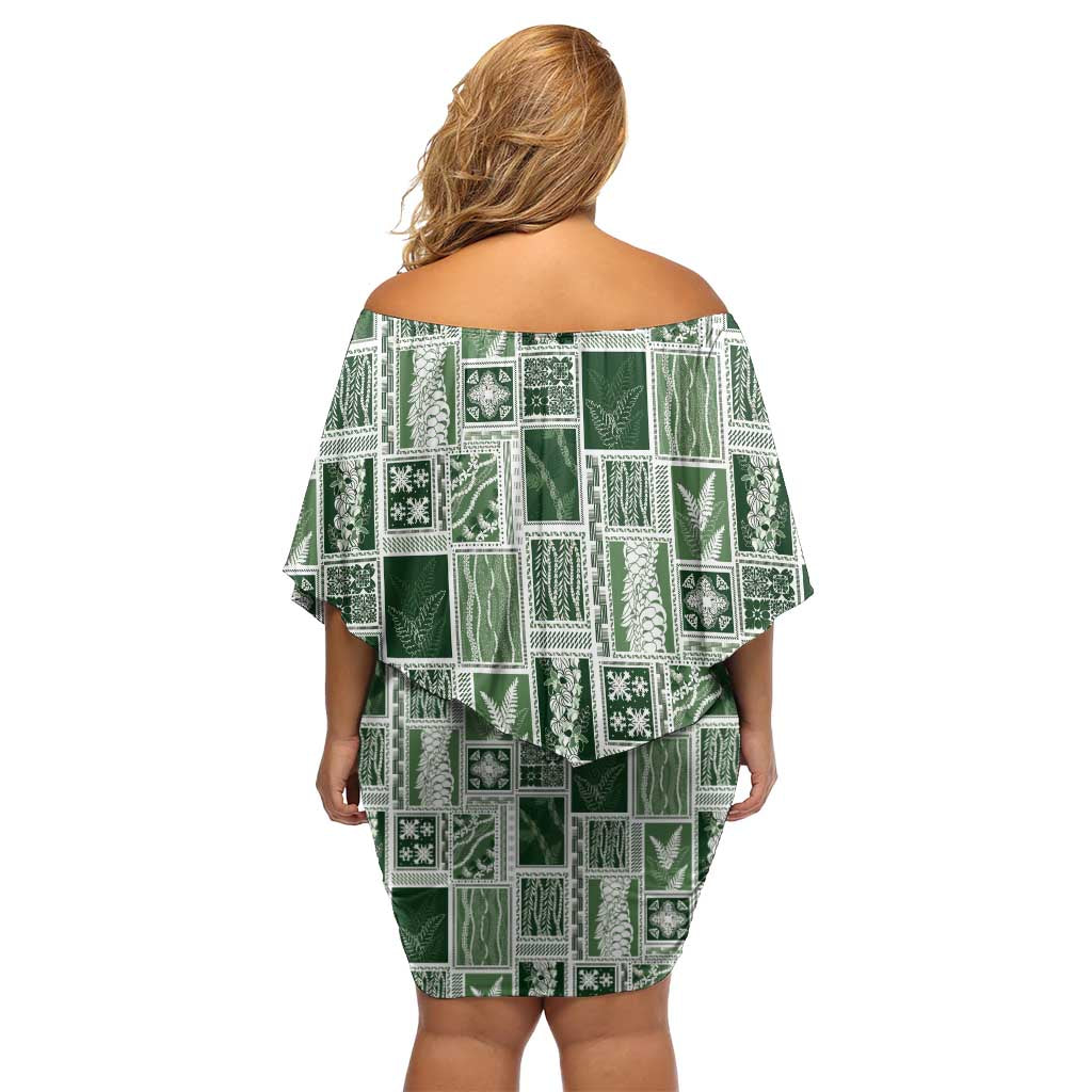 Vintage Aloha Block Quilt Off Shoulder Short Dress Green Inspired Lei Motifs - Polynesian Pride