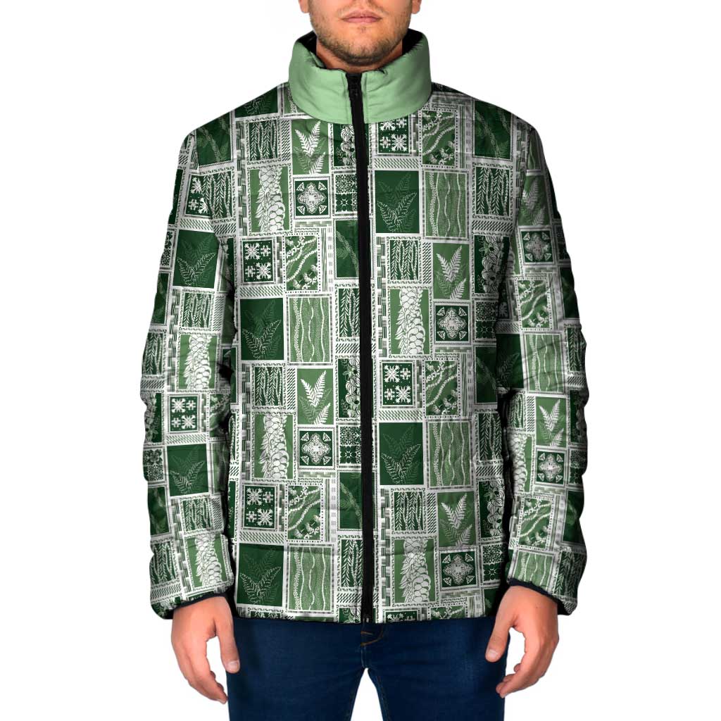 Vintage Aloha Block Quilt Padded Jacket Green Inspired Lei Motifs - Polynesian Pride