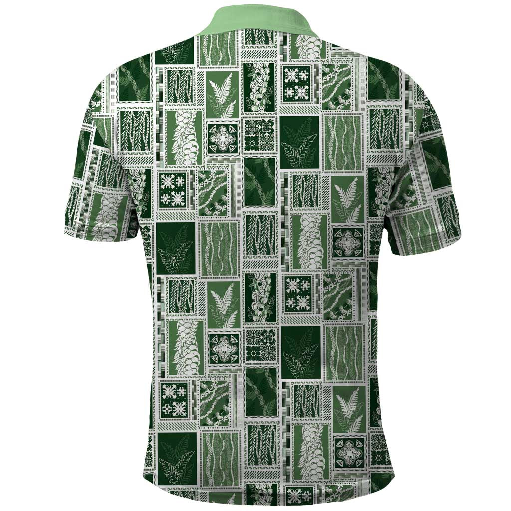 Vintage Aloha Block Quilt Polo Shirt Green Inspired Lei Motifs - Polynesian Pride