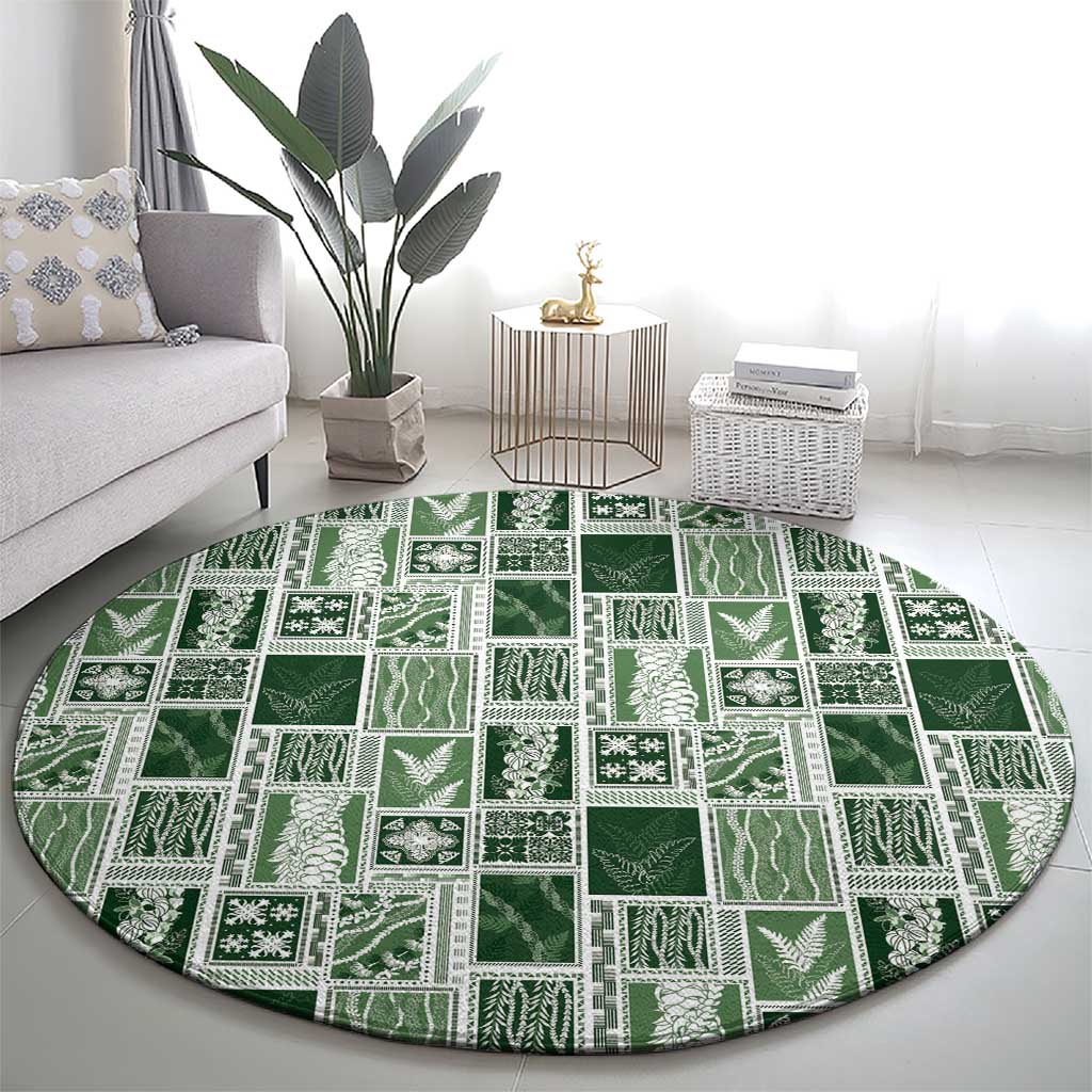 Vintage Aloha Block Quilt Round Carpet Green Inspired Lei Motifs - Polynesian Pride