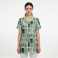 Vintage Aloha Block Quilt Scrub Top Green Inspired Lei Motifs - Polynesian Pride