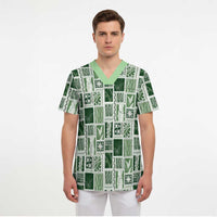 Vintage Aloha Block Quilt Scrub Top Green Inspired Lei Motifs - Polynesian Pride