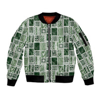Vintage Aloha Block Quilt Sleeve Zip Bomber Jacket Green Inspired Lei Motifs - Polynesian Pride