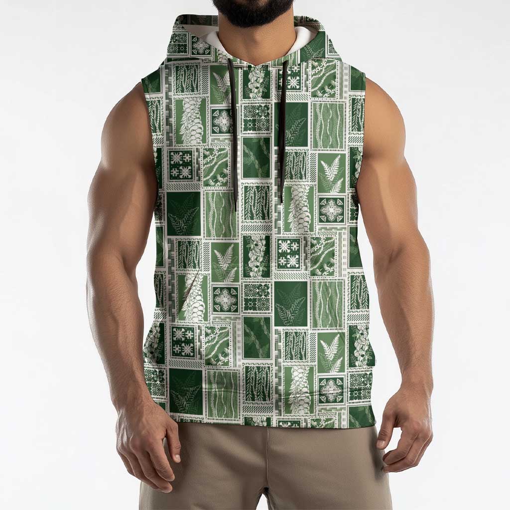 Vintage Aloha Block Quilt Sleeveless Hoodie Green Inspired Lei Motifs - Polynesian Pride
