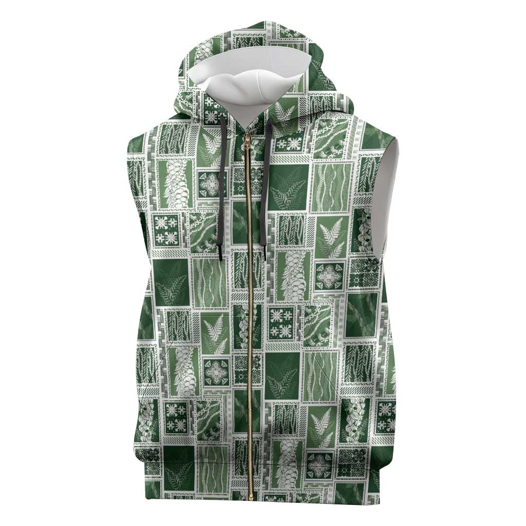 Vintage Aloha Block Quilt Sleeveless Zip Hoodie Green Inspired Lei Motifs - Polynesian Pride