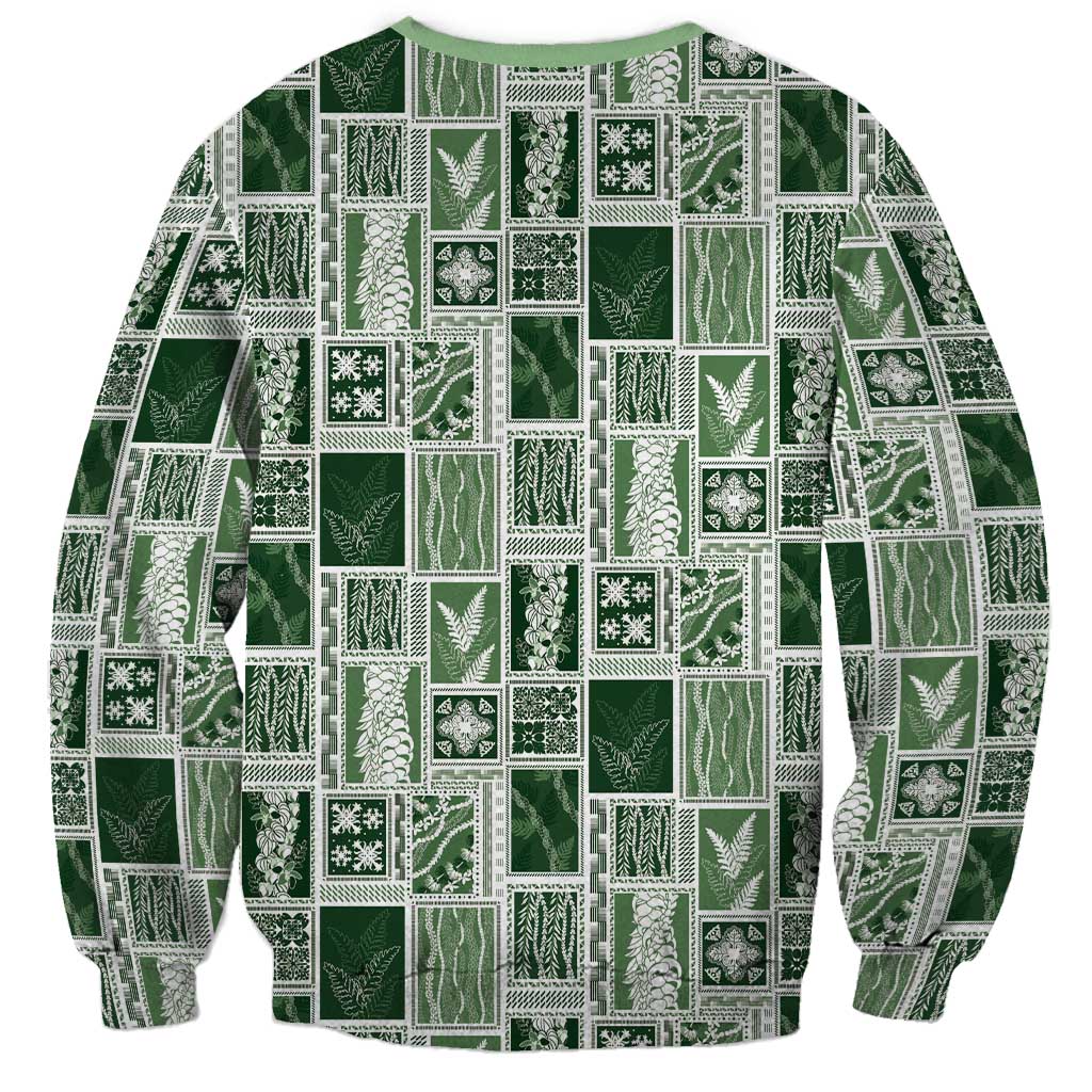 Vintage Aloha Block Quilt Sweatshirt Green Inspired Lei Motifs - Polynesian Pride