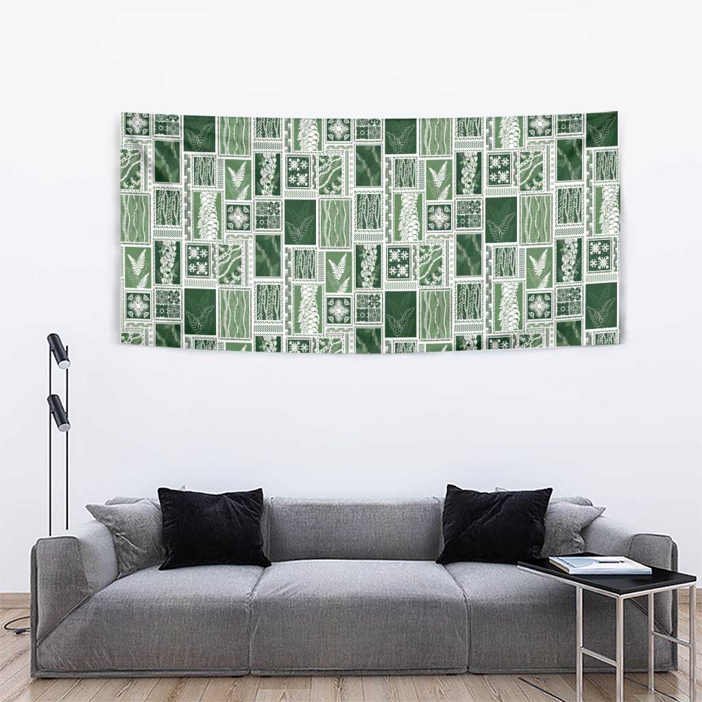 Vintage Aloha Block Quilt Tapestry Green Inspired Lei Motifs - Polynesian Pride