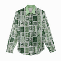 Vintage Aloha Block Quilt Women Casual Shirt Green Inspired Lei Motifs - Polynesian Pride