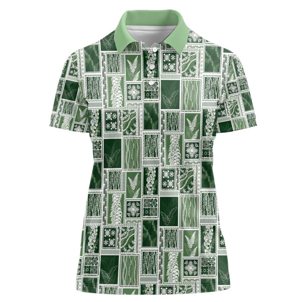 Vintage Aloha Block Quilt Women Polo Shirt Green Inspired Lei Motifs - Polynesian Pride