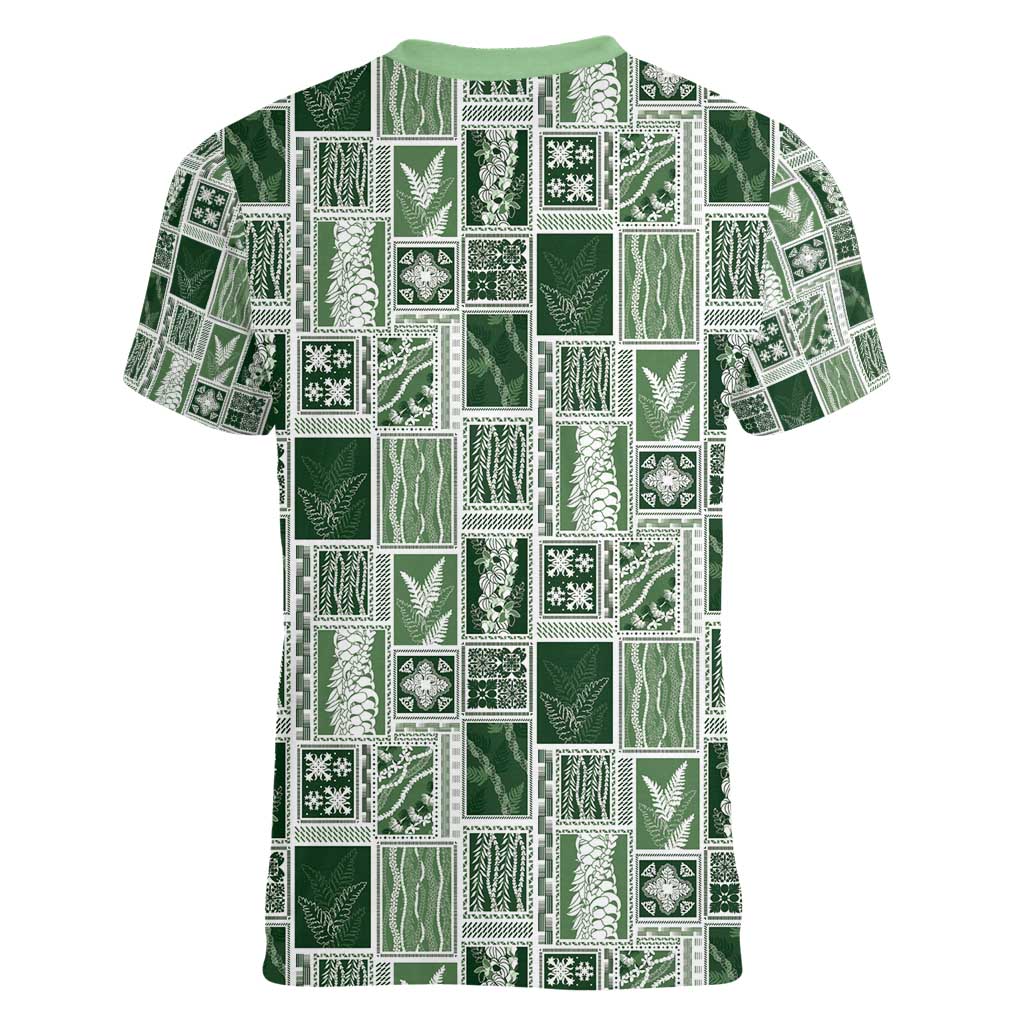 Vintage Aloha Block Quilt Women V-Neck T-Shirt Green Inspired Lei Motifs - Polynesian Pride