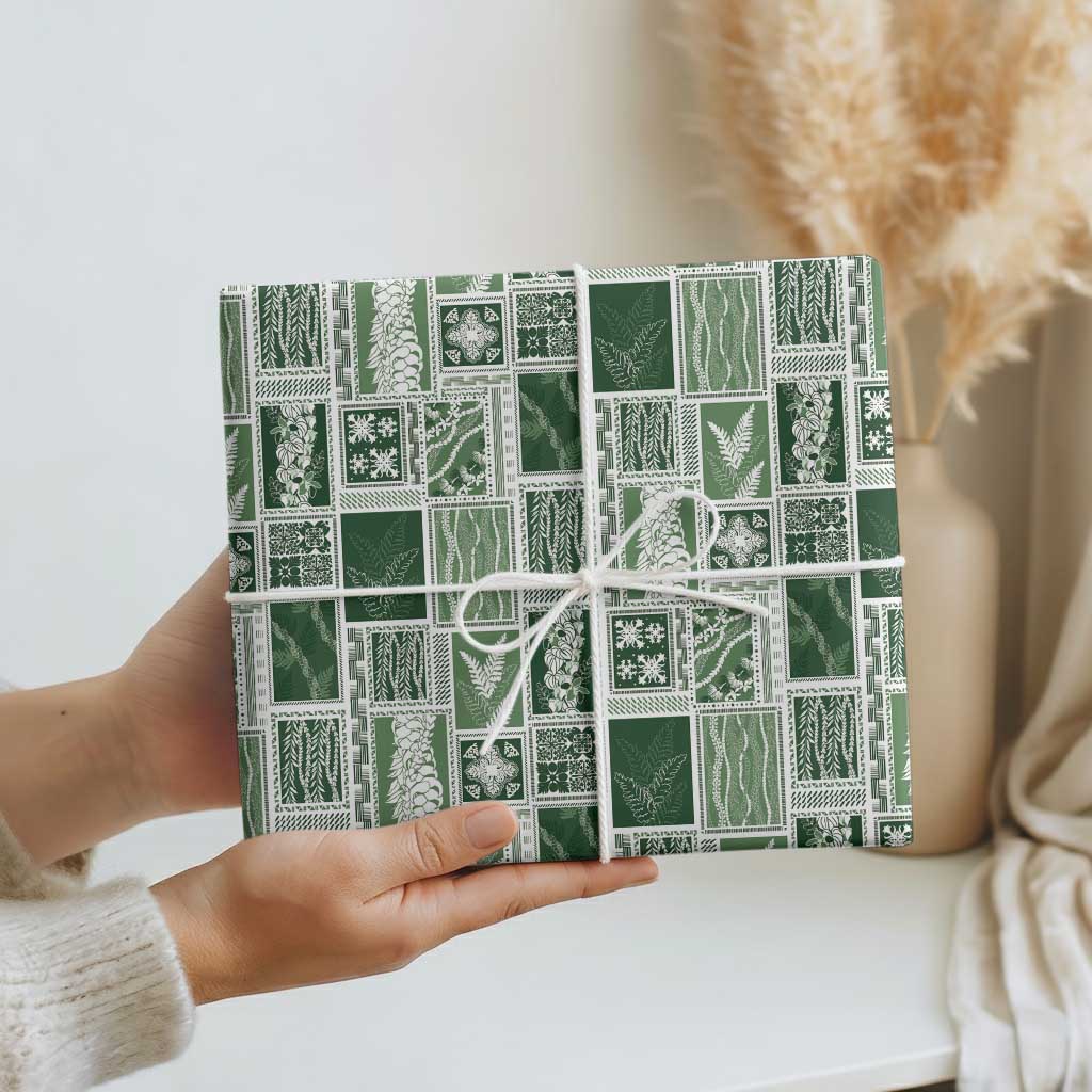 Vintage Aloha Block Quilt Wrapping Paper Green Inspired Lei Motifs - Polynesian Pride