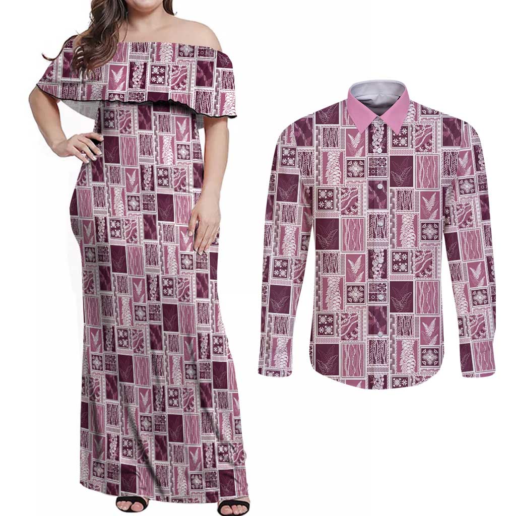 Vintage Aloha Block Quilt Couples Matching Off Shoulder Maxi Dress and Long Sleeve Button Shirt Pink Inspired Lei Motifs - Polynesian Pride