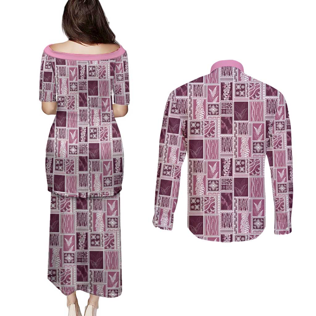 Vintage Aloha Block Quilt Couples Matching Puletasi and Long Sleeve Button Shirt Pink Inspired Lei Motifs - Polynesian Pride