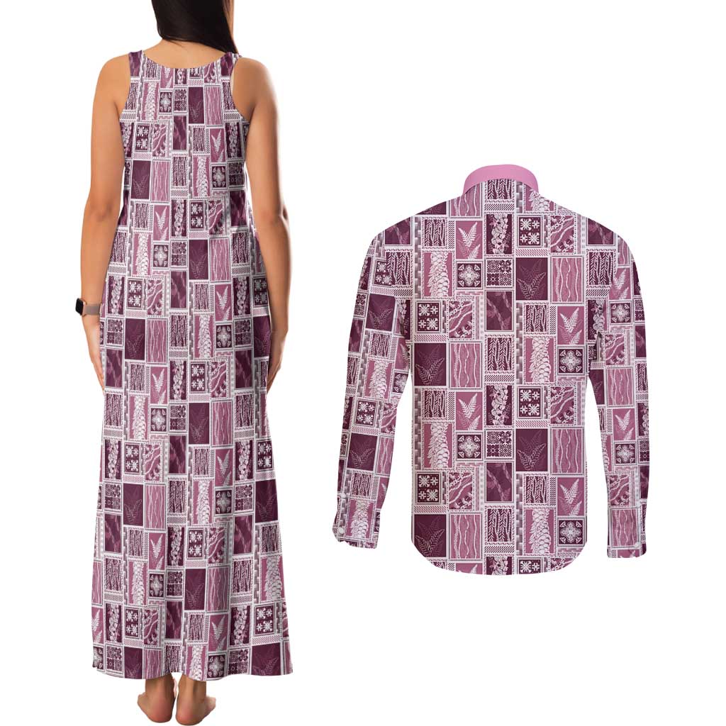 Vintage Aloha Block Quilt Couples Matching Tank Maxi Dress and Long Sleeve Button Shirt Pink Inspired Lei Motifs - Polynesian Pride