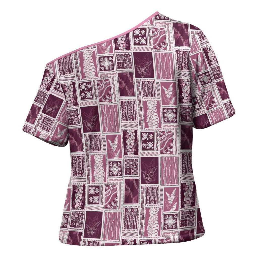 Vintage Aloha Block Quilt Cross Shoulder Shirt Pink Inspired Lei Motifs - Polynesian Pride