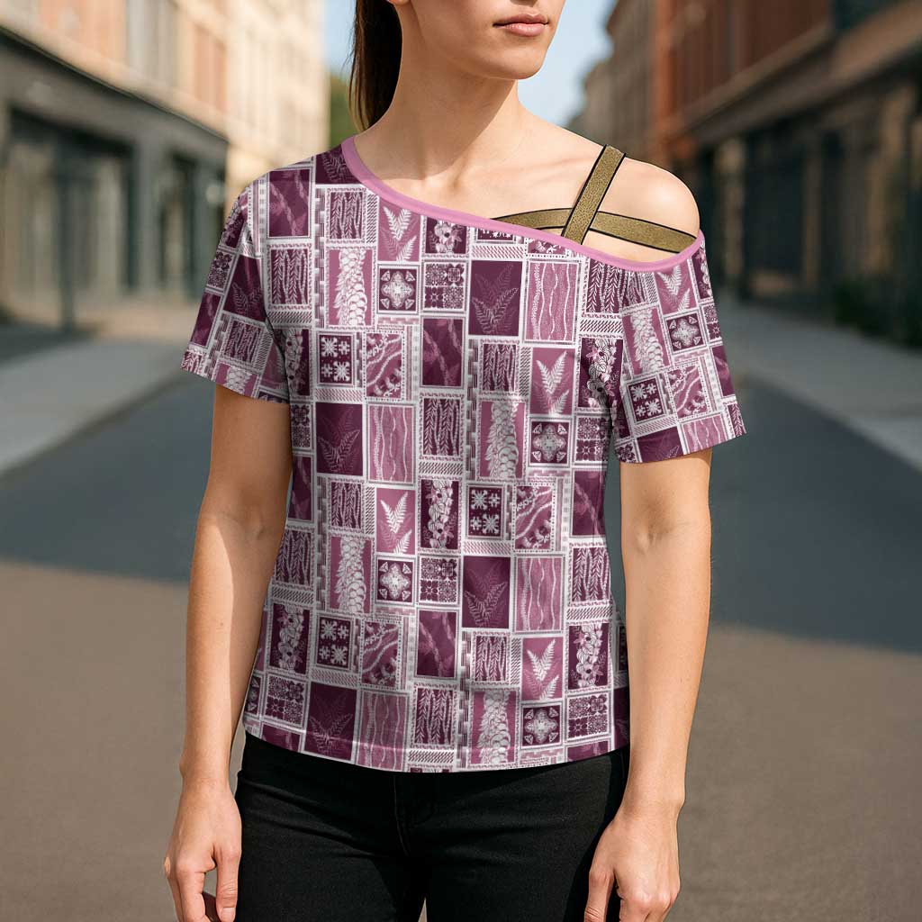 Vintage Aloha Block Quilt Cross Shoulder Shirt Pink Inspired Lei Motifs - Polynesian Pride