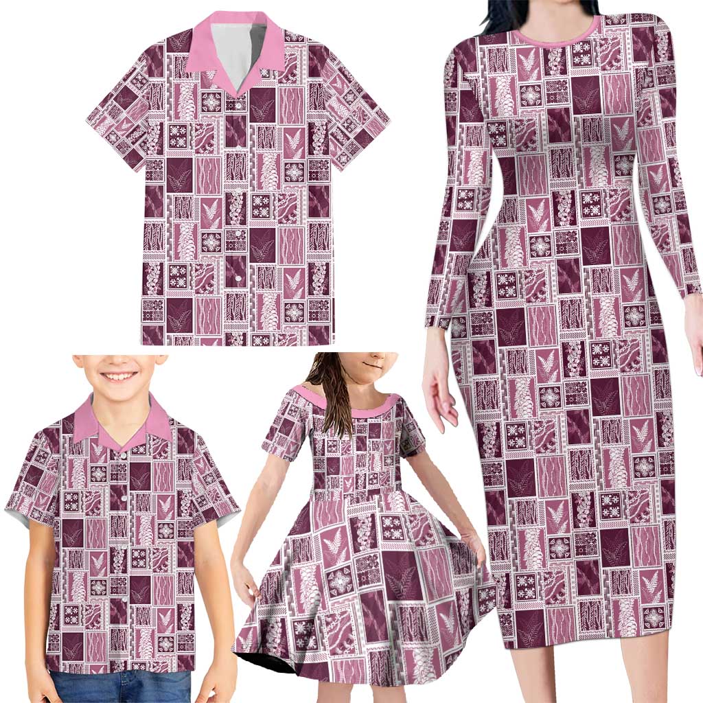 Vintage Aloha Block Quilt Family Matching Long Sleeve Bodycon Dress and Hawaiian Shirt Pink Inspired Lei Motifs - Polynesian Pride