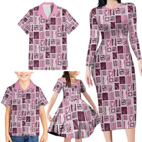 Vintage Aloha Block Quilt Family Matching Long Sleeve Bodycon Dress and Hawaiian Shirt Pink Inspired Lei Motifs - Polynesian Pride