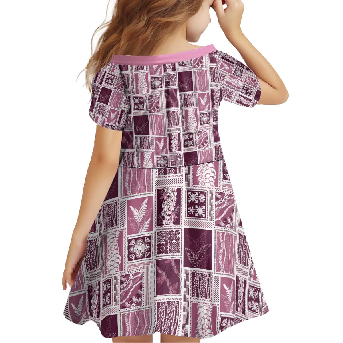 Vintage Aloha Block Quilt Family Matching Off The Shoulder Long Sleeve Dress and Hawaiian Shirt Pink Inspired Lei Motifs - Polynesian Pride