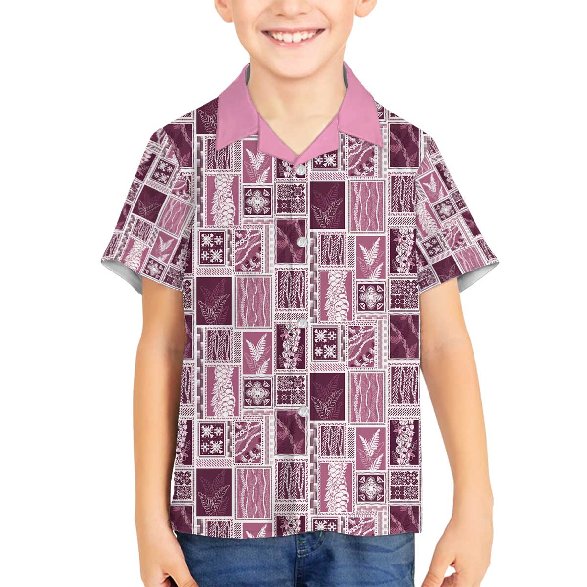 Vintage Aloha Block Quilt Family Matching Off The Shoulder Long Sleeve Dress and Hawaiian Shirt Pink Inspired Lei Motifs - Polynesian Pride