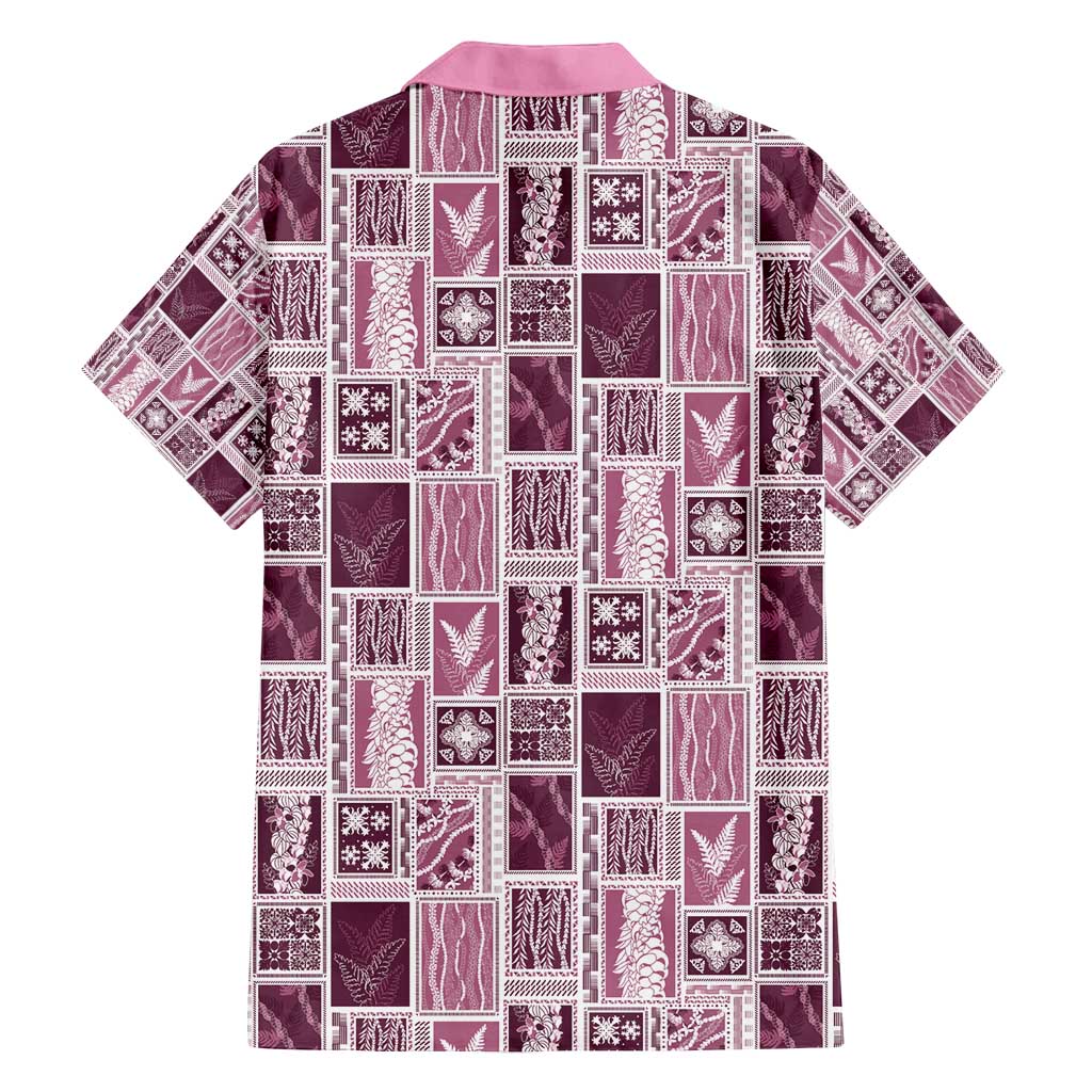 Vintage Aloha Block Quilt Family Matching Off Shoulder Short Dress and Hawaiian Shirt Pink Inspired Lei Motifs - Polynesian Pride