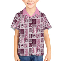 Vintage Aloha Block Quilt Family Matching Off Shoulder Short Dress and Hawaiian Shirt Pink Inspired Lei Motifs - Polynesian Pride