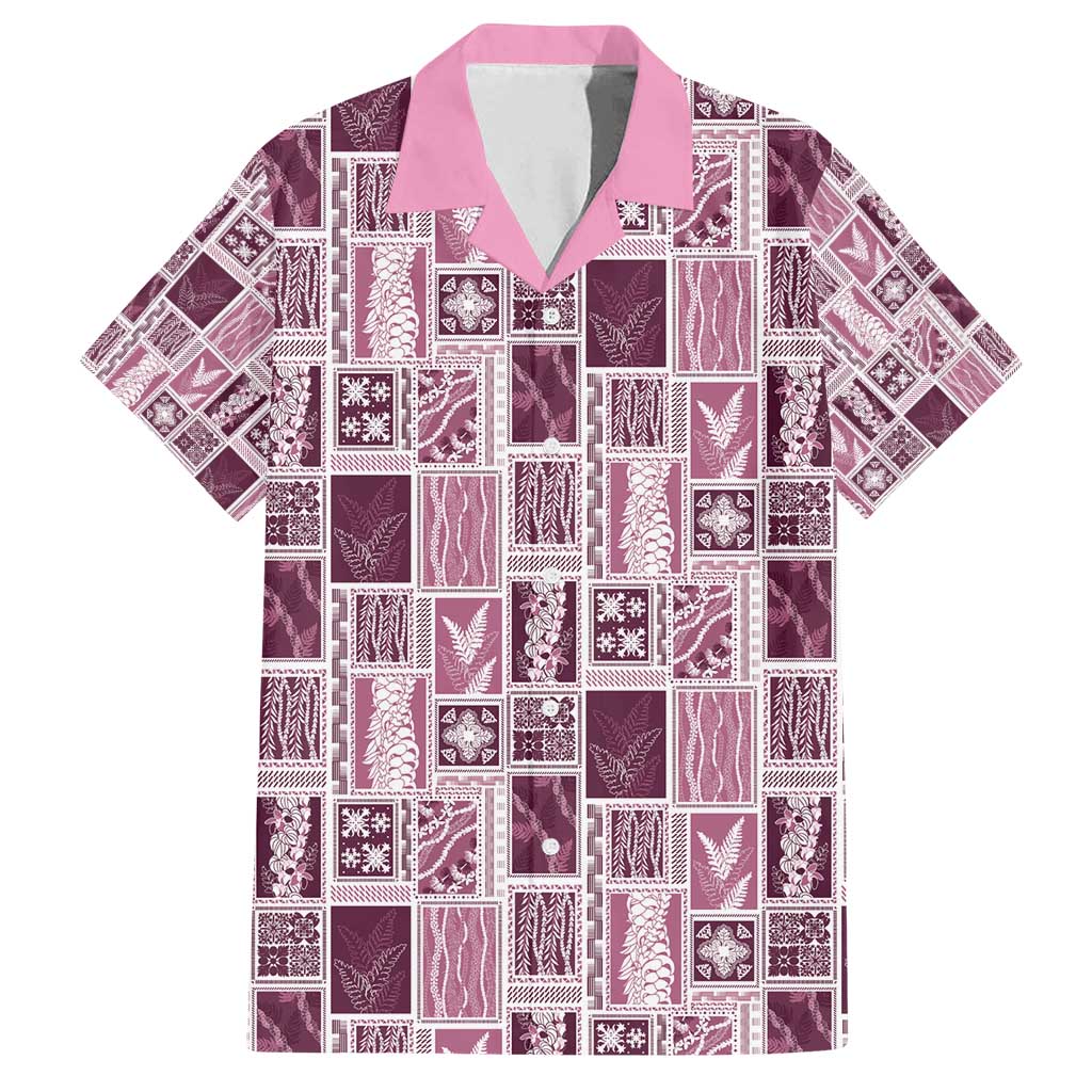 Vintage Aloha Block Quilt Family Matching Puletasi and Hawaiian Shirt Pink Inspired Lei Motifs - Polynesian Pride