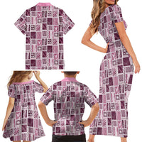 Vintage Aloha Block Quilt Family Matching Short Sleeve Bodycon Dress and Hawaiian Shirt Pink Inspired Lei Motifs - Polynesian Pride