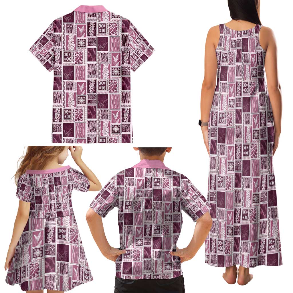 Vintage Aloha Block Quilt Family Matching Tank Maxi Dress and Hawaiian Shirt Pink Inspired Lei Motifs - Polynesian Pride